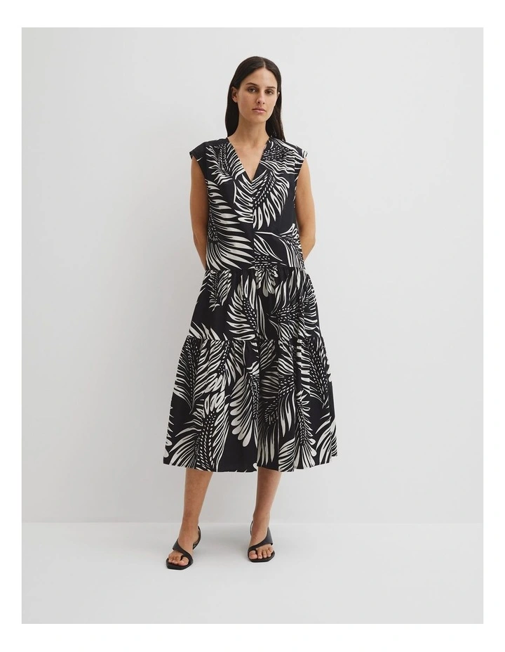 Print Tiered Midi Dress in Black Feather Palm image 2