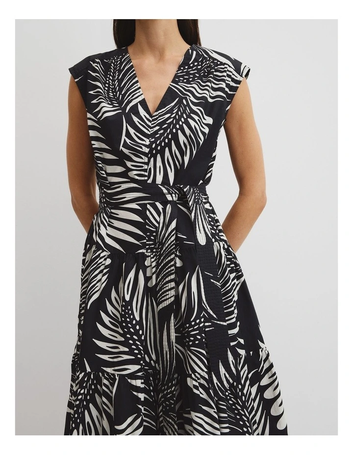 Print Tiered Midi Dress in Black Feather Palm image 3