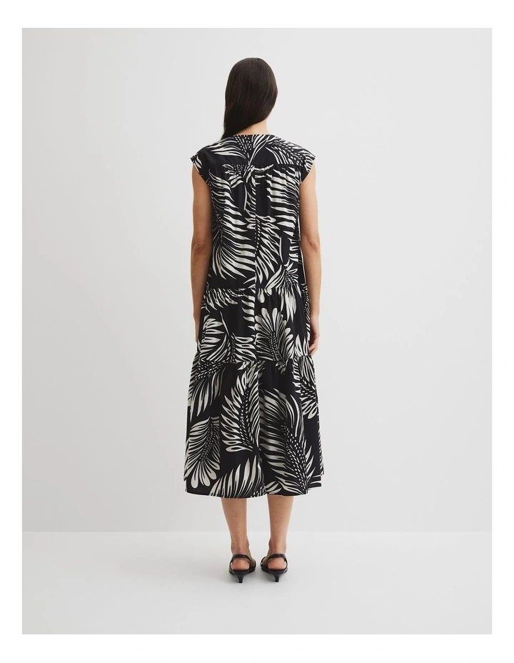 Print Tiered Midi Dress in Black Feather Palm image 4