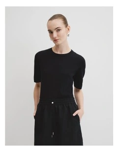 Organically Grown Cotton Linen Short Sleeve Knit T-shirt in Black