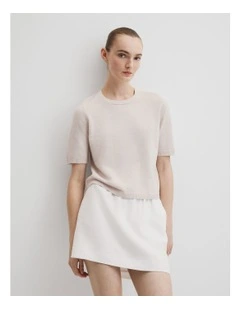 Organically Grown Cotton Linen Short Sleeve Knit T-shirt in Tahini