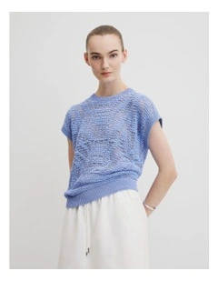 Patterned Mesh Knit T-shirt in Riviera Blue