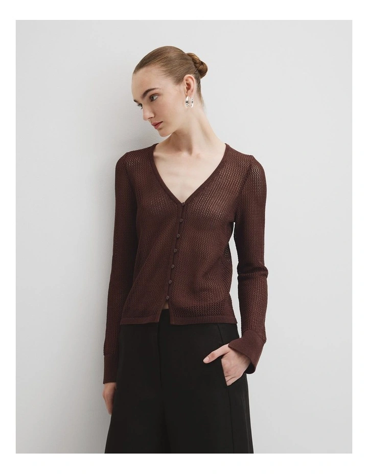 Micro Crochet Knit Cardigan in Espresso image 2
