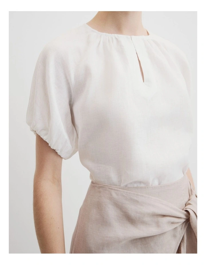 Organically Grown Linen Puff Sleeve Top in White image 2
