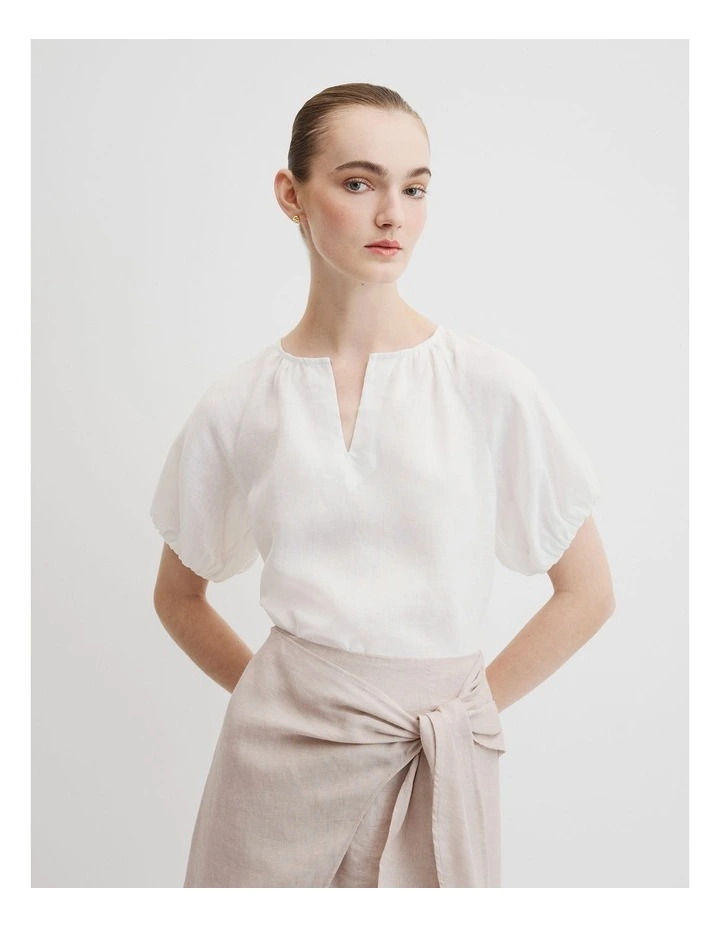 Organically Grown Linen Puff Sleeve Top in White image 3