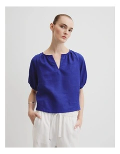 Organically Grown Linen Puff Sleeve Top in Ultra Blue