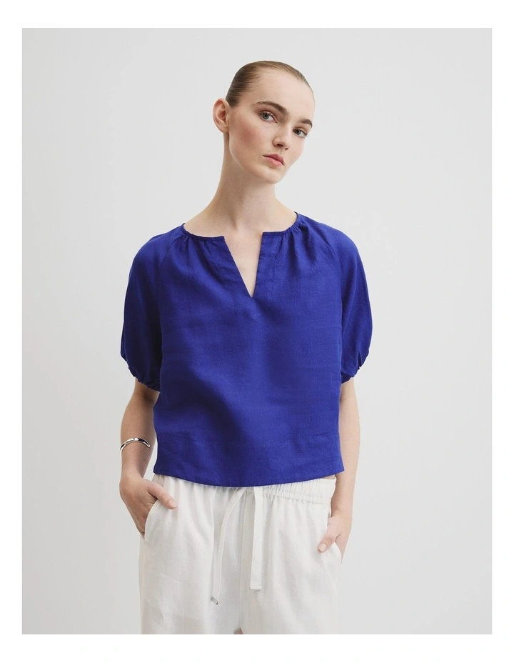Organically Grown Linen Puff Sleeve Top in Ultra Blue image 1