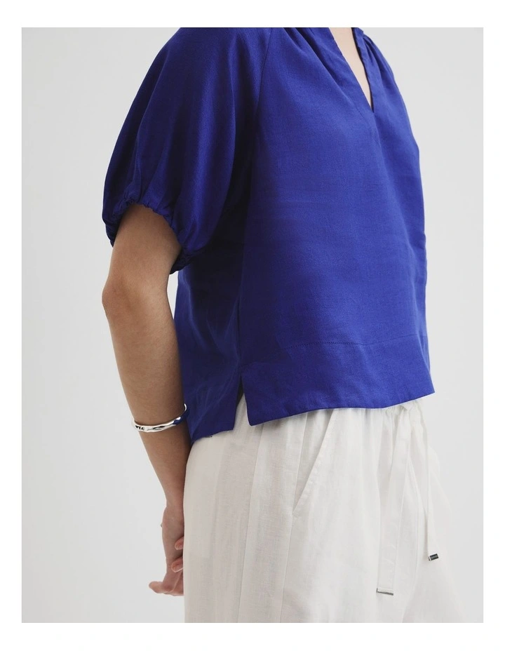 Organically Grown Linen Puff Sleeve Top in Ultra Blue image 2