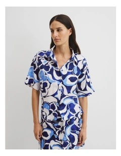 Organically Grown Linen Short Sleeve Print Shirt in Abstract Floral Print