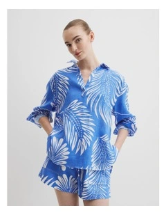 Print Linen Popover Shirt in Feather Palm Print
