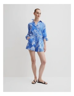 Tie Detail Linen Pant in Feather Palm Print