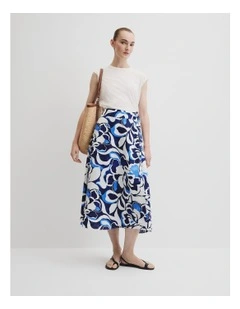 Organically Grown Linen Print Wrap Midi Skirt in Abstract Floral Print