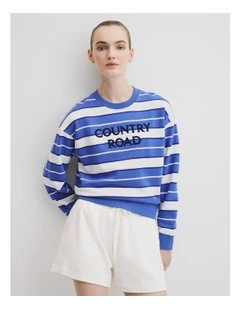 Australian Cotton Stripe Cr Sweat in Bay Blue Stripe