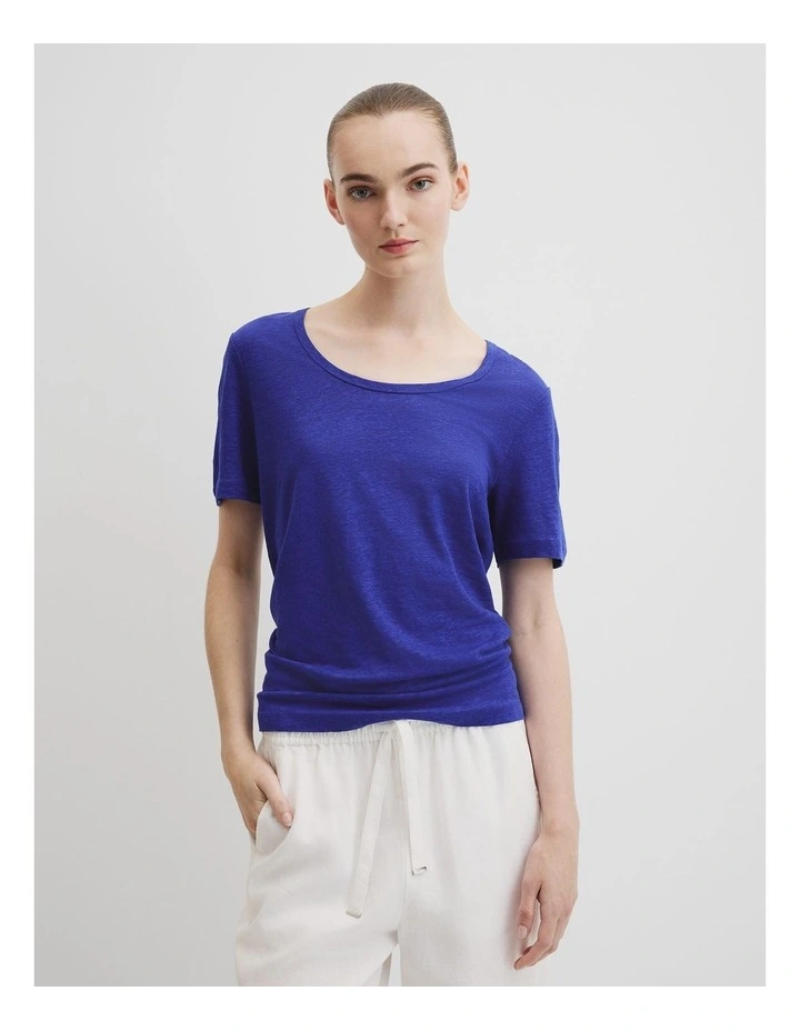Linen Scoop Neck T-shirt in Ultra Blue image 2