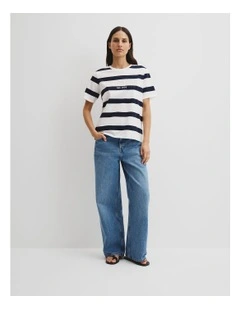 Australian Cotton Stripe Heritage Embroidered T-shirt in Navy Stripe