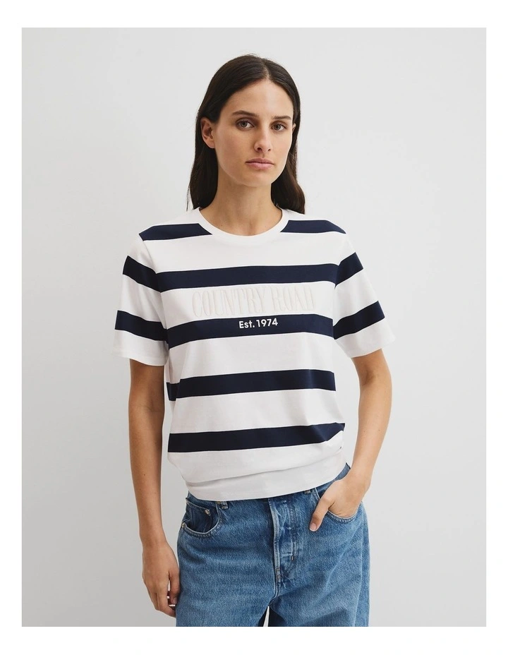 Australian Cotton Stripe Heritage Embroidered T-shirt in Navy Stripe image 2