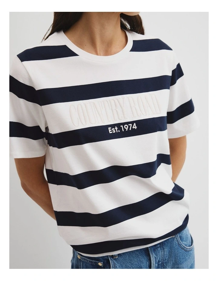 Australian Cotton Stripe Heritage Embroidered T-shirt in Navy Stripe image 3