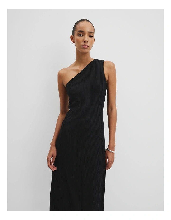 One Shoulder Rib Dress in Black image 2