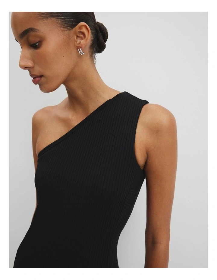 One Shoulder Rib Dress in Black image 3