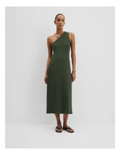 One Shoulder Rib Dress in Dark Fern