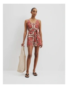 Organically Grown Linen Print Playsuit in Cayenne Scarf Print
