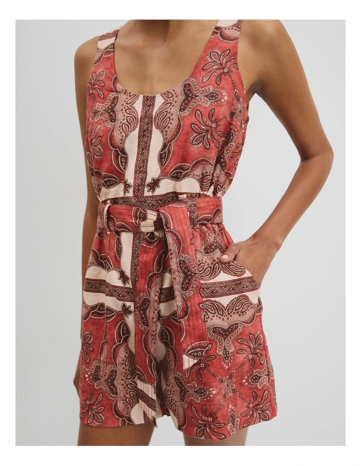 Organically Grown Linen Print Playsuit in Cayenne Scarf Print image 2