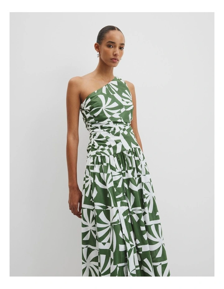 Organically Grown Cotton Asymmetric Maxi Dress in Fern Palm Geo image 1