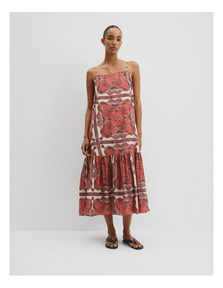 Australian Good Earth Cotton Print Tiered Slip Dress in Cayenne Scarf Print image 1