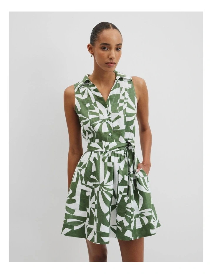 Print Linen Sundress in Fern Palm Geo image 3