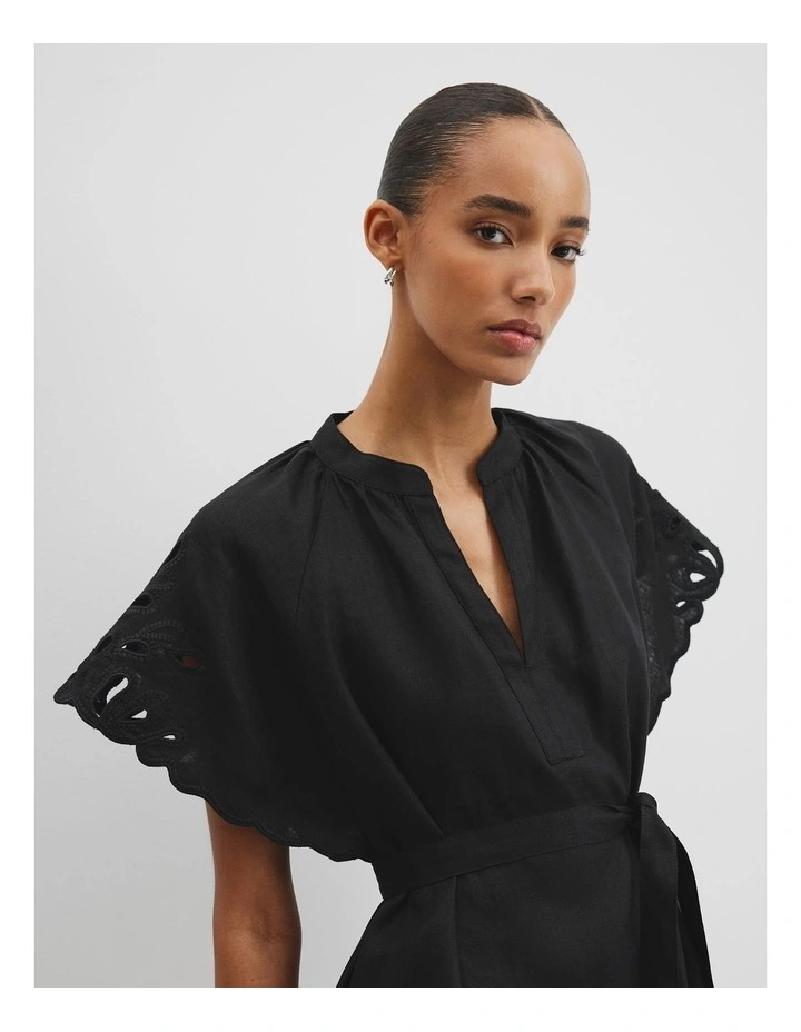 Cutwork Linen Mini Dress in Black image 2