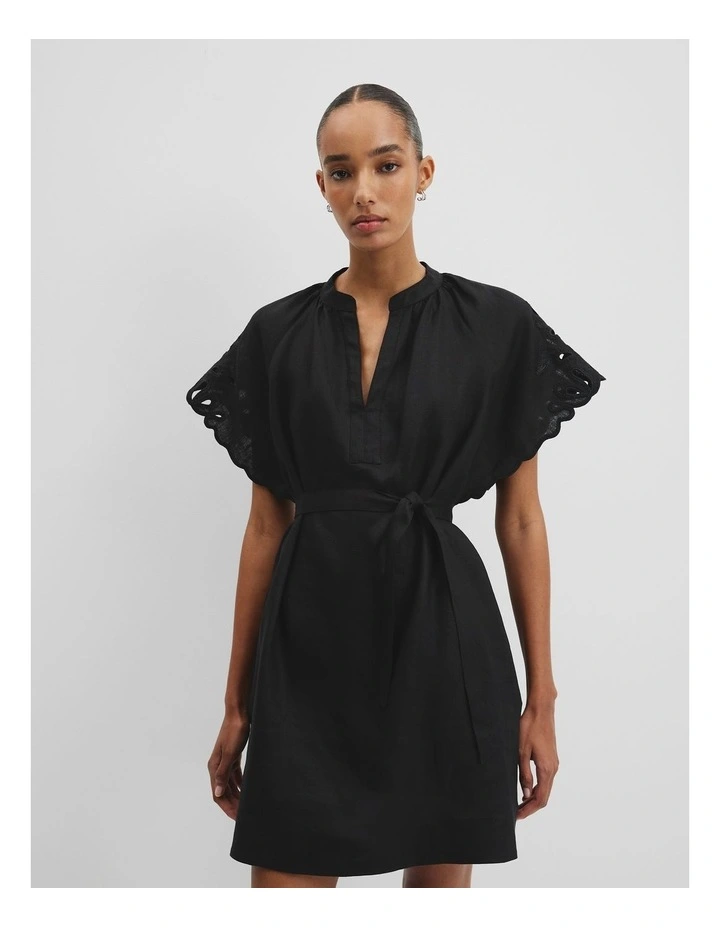 Cutwork Linen Mini Dress in Black image 3
