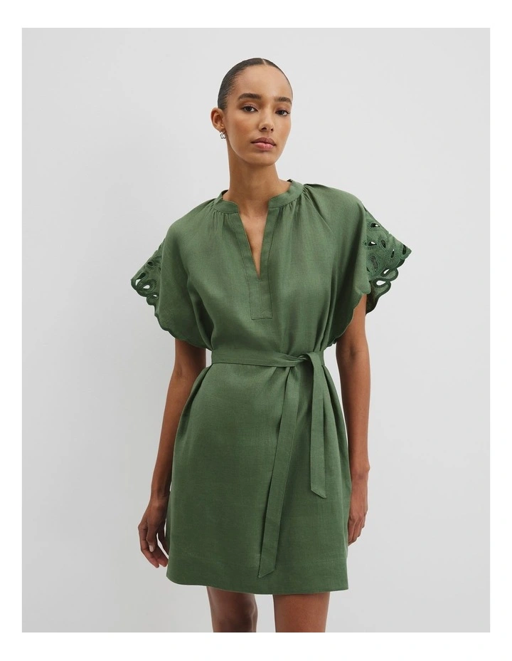 Cutwork Linen Mini Dress in Fern image 1