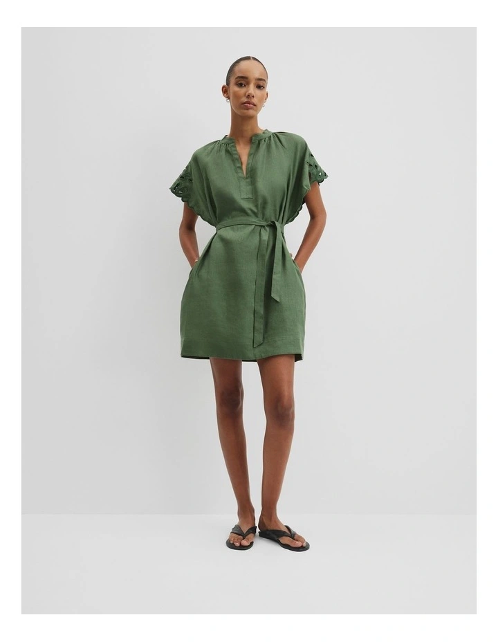 Cutwork Linen Mini Dress in Fern image 3