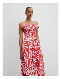 Print Shirred Midi Dress in Cayenne Palm Geo