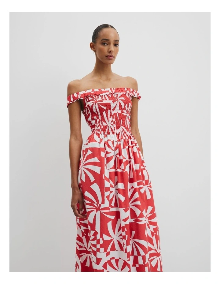 Print Shirred Midi Dress in Cayenne Palm Geo image 1