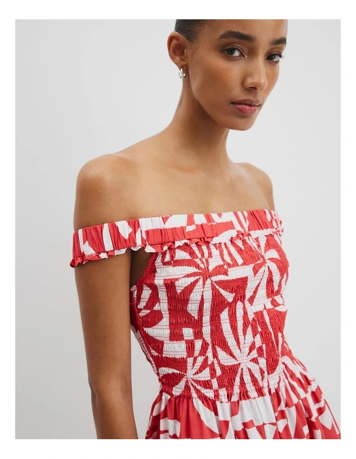 Print Shirred Midi Dress in Cayenne Palm Geo image 2