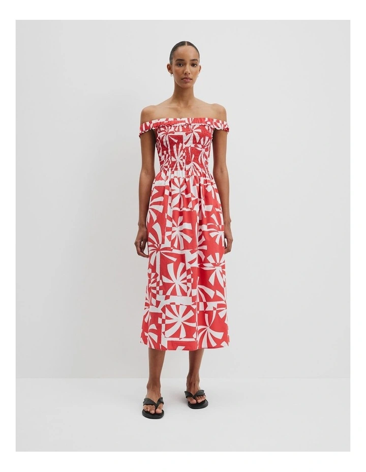 Print Shirred Midi Dress in Cayenne Palm Geo image 3