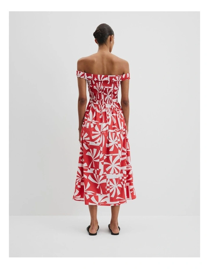 Print Shirred Midi Dress in Cayenne Palm Geo image 4