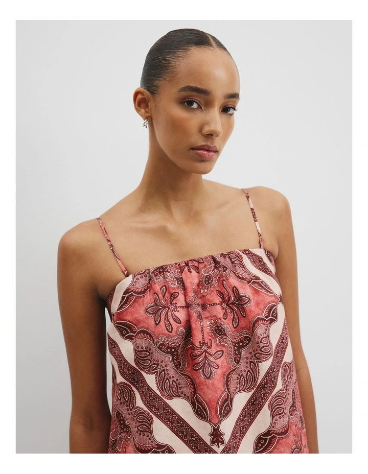 Organically Grown Linen Frayed Mini Dress in Cayenne Scarf Print image 2