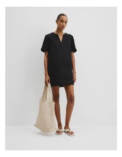 Organically Grown Linen Frayed Popover Dress in Black