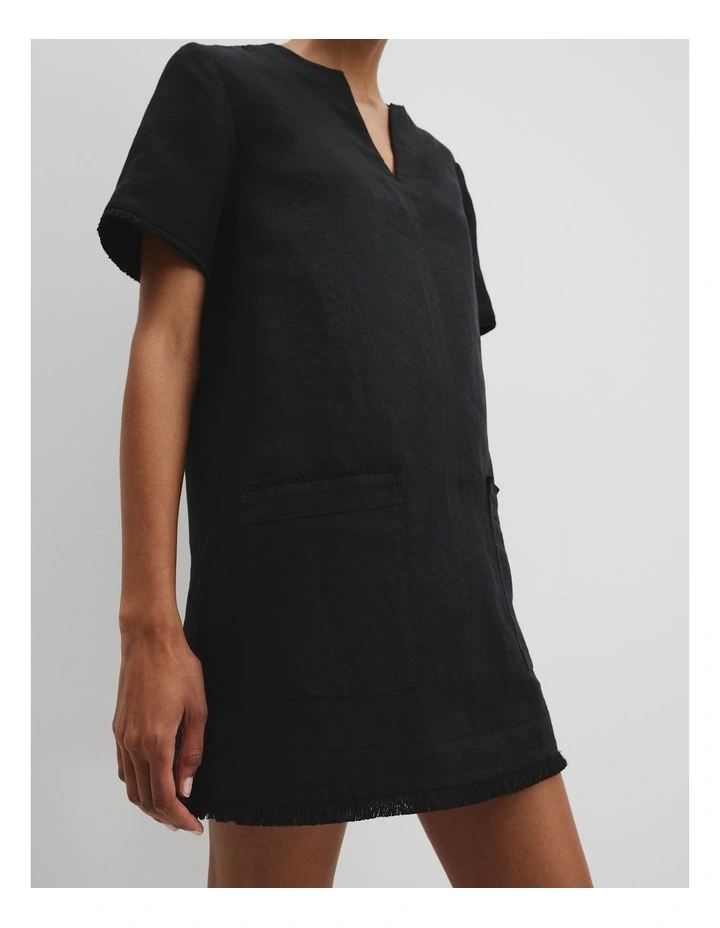 Organically Grown Linen Frayed Popover Dress in Black image 2