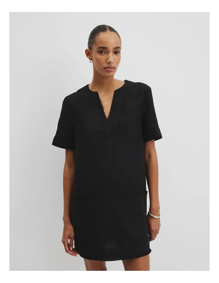 Organically Grown Linen Frayed Popover Dress in Black image 3