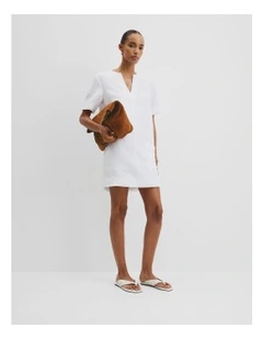 Organically Grown Linen Frayed Popover Dress in White