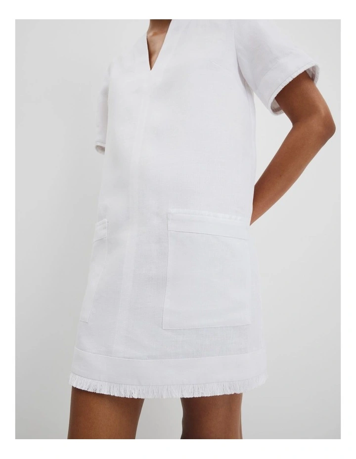 Organically Grown Linen Frayed Popover Dress in White image 2