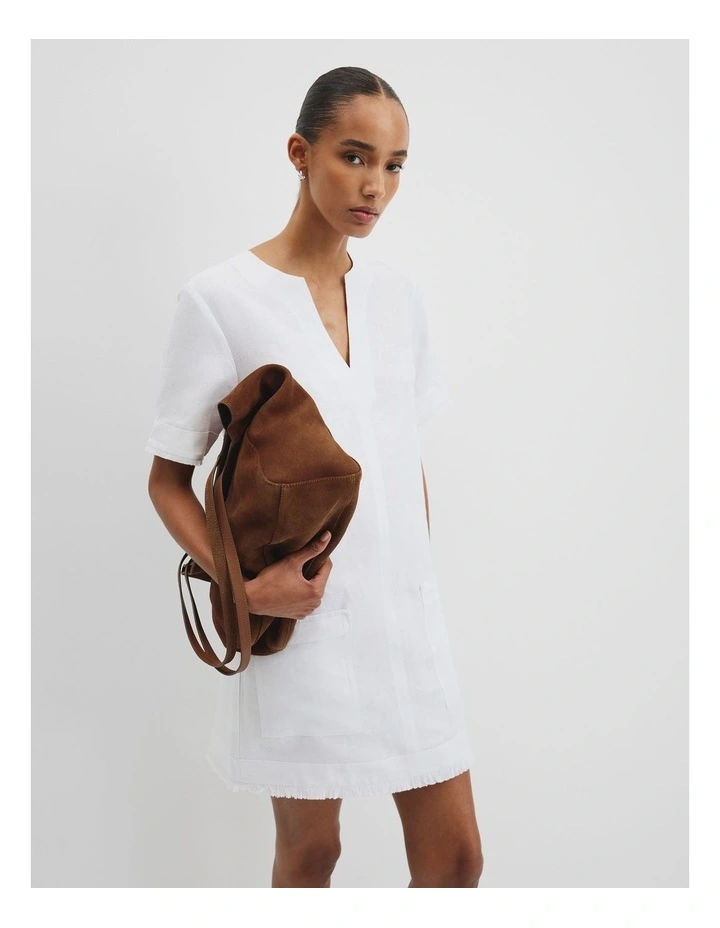Organically Grown Linen Frayed Popover Dress in White image 3