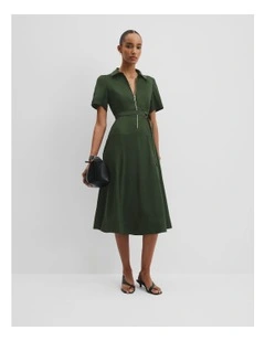 Organically Grown Linen Blend Drop Waist Shirt Dress in Dark Fern