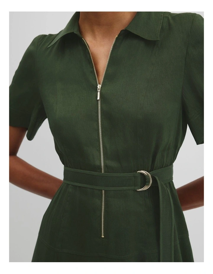 Organically Grown Linen Blend Drop Waist Shirt Dress in Dark Fern image 2