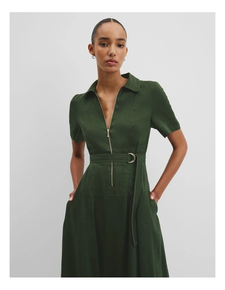 Organically Grown Linen Blend Drop Waist Shirt Dress in Dark Fern image 3