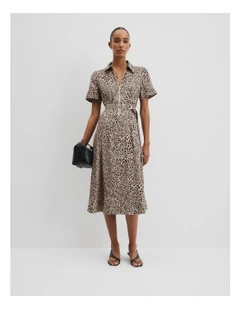 Linen Blend Print Drop Waist Shirt Dress in Mottled Animal