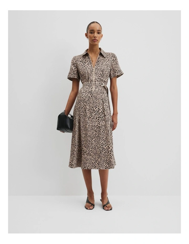 Linen Blend Print Drop Waist Shirt Dress in Mottled Animal image 1